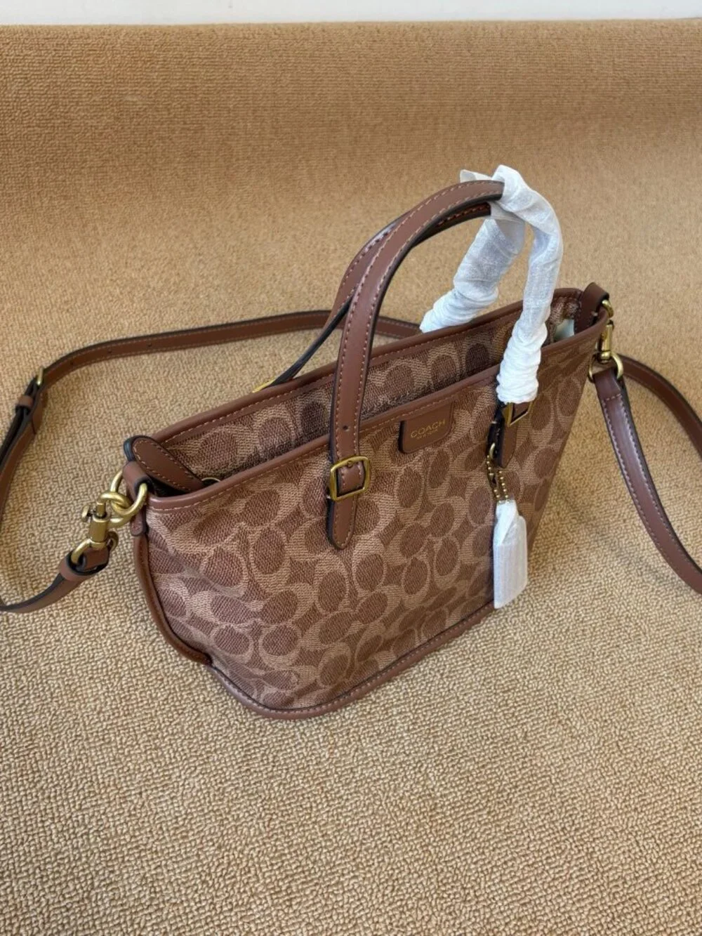 🤎Coach Khaki Signature Mini Tote Adjustable Handle Detachable Crossbody Bag
